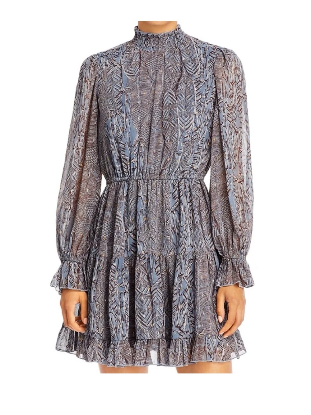 AQUA Metallic Print Tiered Long Sleeve Dress Size M